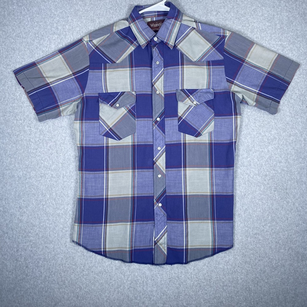 Wrangler Western Shirt Mens Medium Blue Plaid Pearl Snap Short Sleeve Yoke